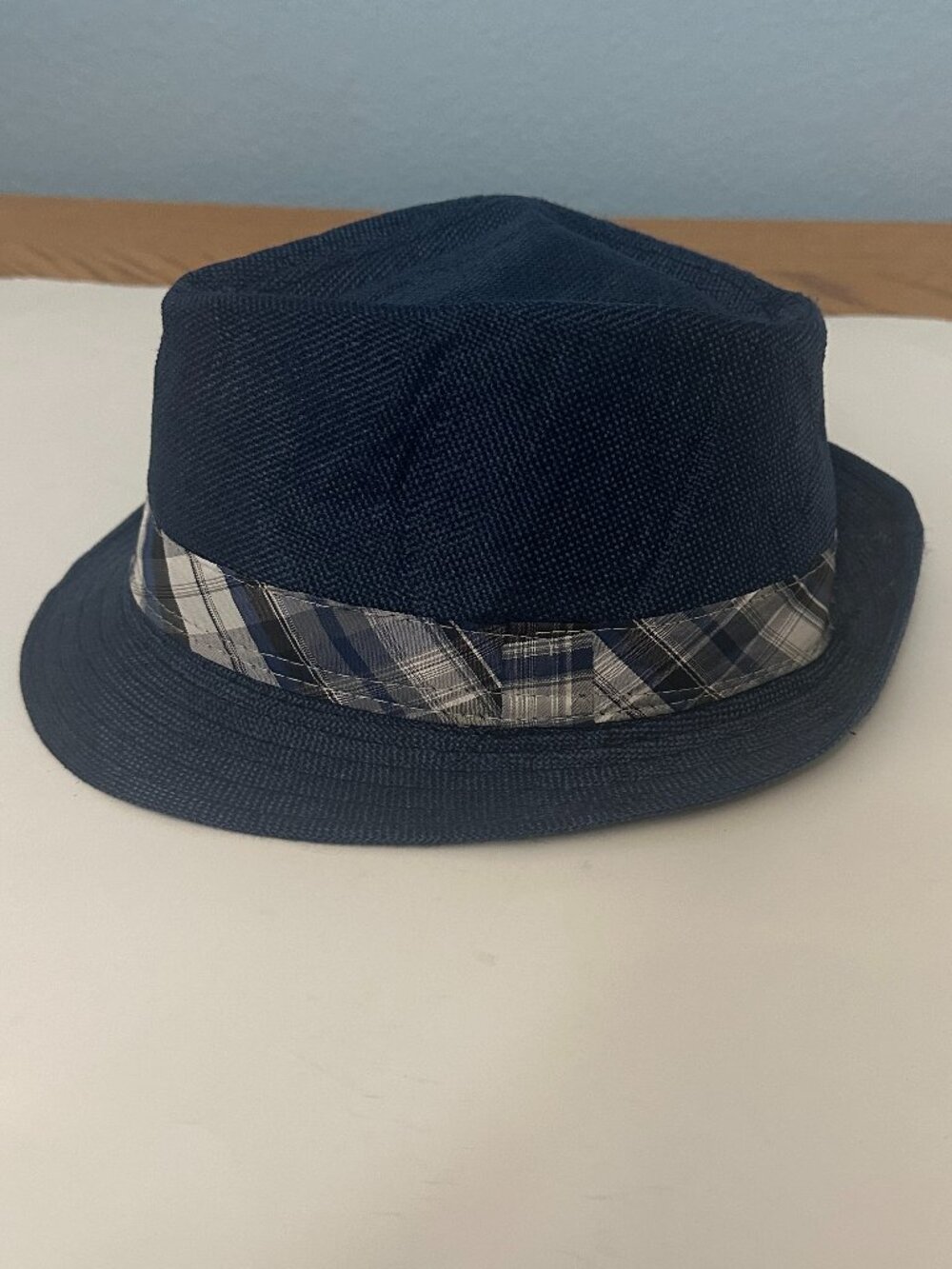 Blue Fedora Hat with Check Headband by Hipster Headwear Size L